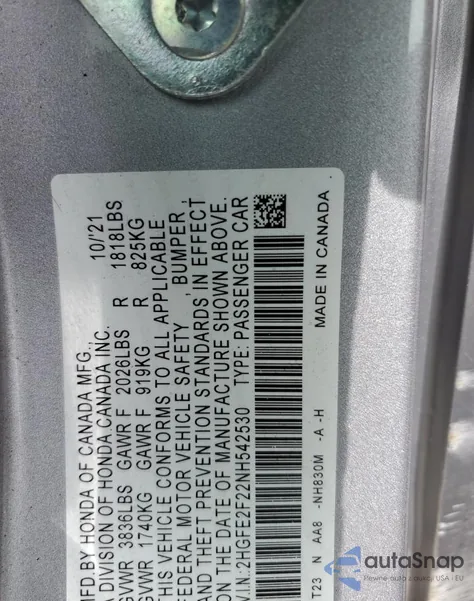 2022 Honda Civic Lx from USA, damaged, VIN 2HGFE2F22NH542530